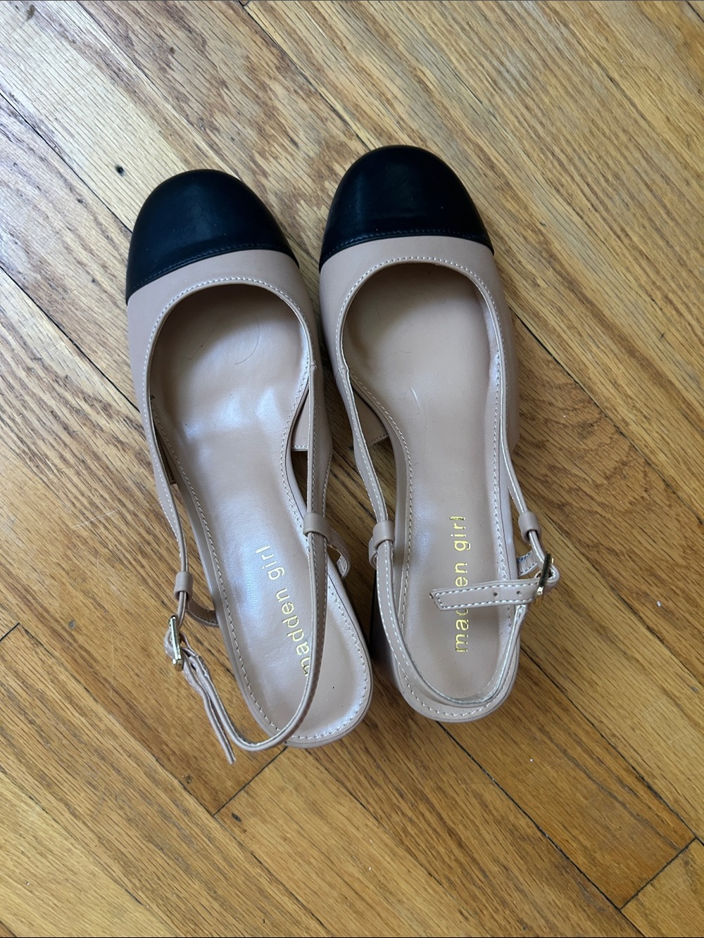 Madden Girl Nude Beige Slingback Block Heels with Black Cap Toe